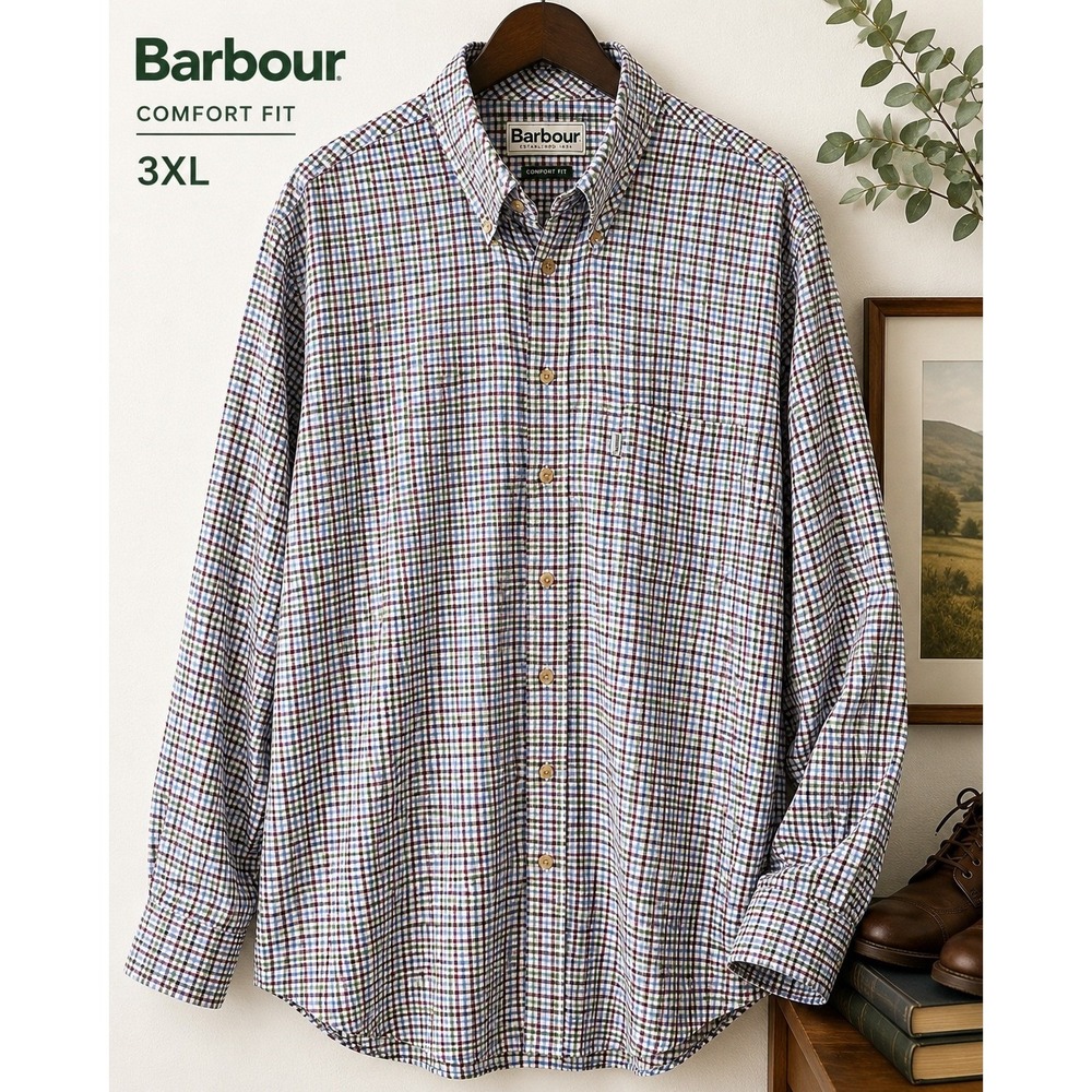 Barbour Mens XL Comfort Fit Tattersall Plaid Button Down Shirt British Country